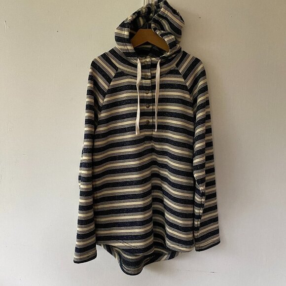 Eddie Bauer Pullover Womens Medium Blue Hooded Sweatshirt Striped Warm - Picture 1 of 8